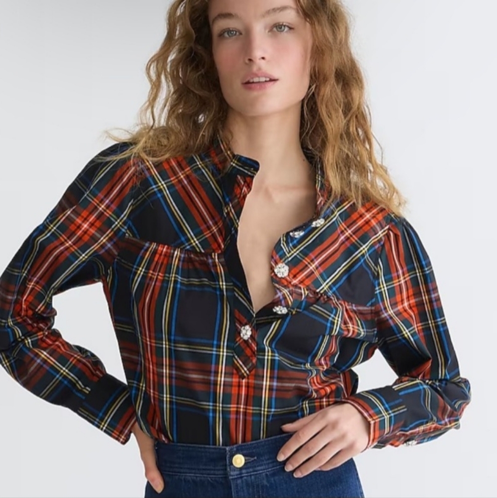 J. Crew Fresco Plaid Popover Blouse Top Size XS Stewart Tartan Jeweled Bling